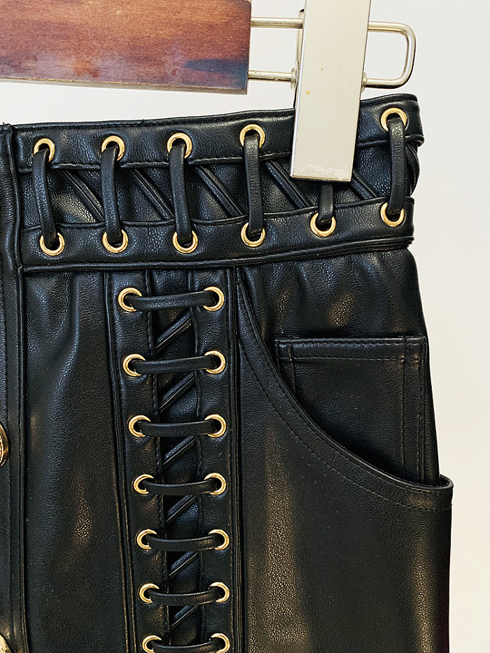 SUPER WHOLESALE| Detailed Gold Button Leather Skirt Set