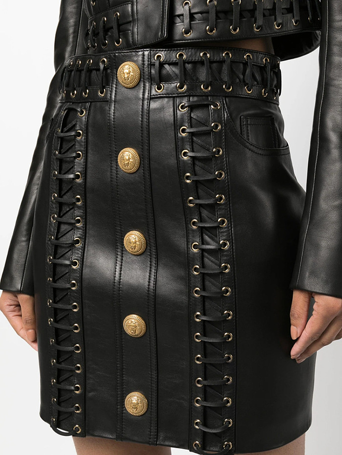 SUPER WHOLESALE| Detailed Gold Button Leather Skirt Set