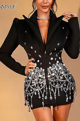 SUPER WHOLESALE|  Rhinestone Blazer Collar Dress