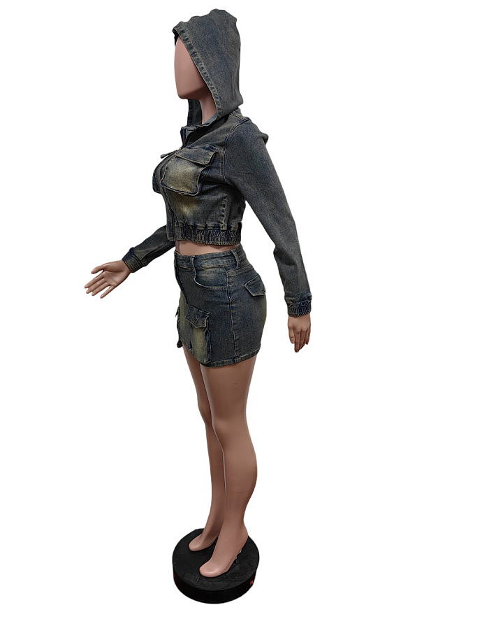 SUPER WHOLESALE| Hoodie Denim Aged Skirt Set