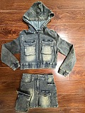 SUPER WHOLESALE| Hoodie Denim Aged Skirt Set