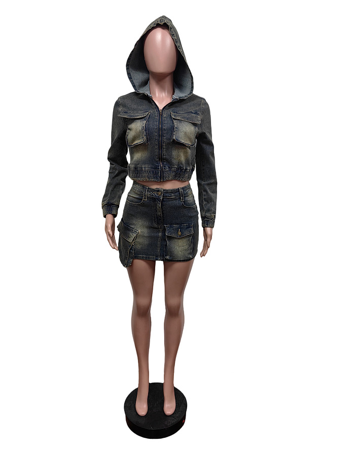 SUPER WHOLESALE| Hoodie Denim Aged Skirt Set