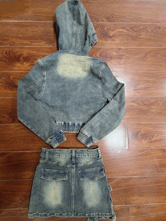 SUPER WHOLESALE| Hoodie Denim Aged Skirt Set
