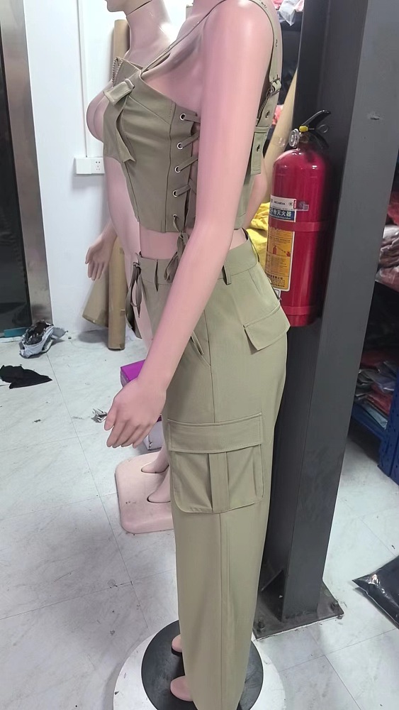 SUPER WHOLESALE| Lace Up Tanks Cargo Pants Set