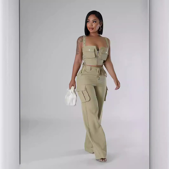 SUPER WHOLESALE| Lace Up Tanks Cargo Pants Set