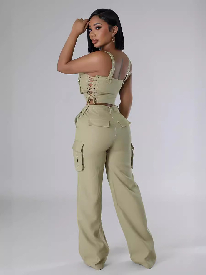 SUPER WHOLESALE| Lace Up Tanks Cargo Pants Set