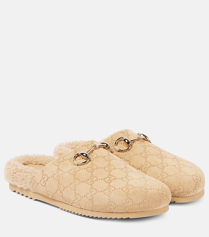 SUPER WHOLESALE| Horsebit Shearling-lined Suede Mules