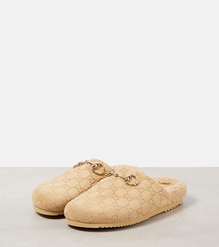 SUPER WHOLESALE| Horsebit Shearling-lined Suede Mules