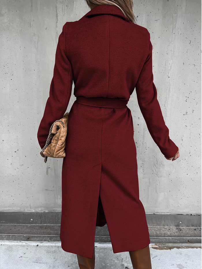 SUPER WHOLESALE | Woollen Long Coat in Wine Red