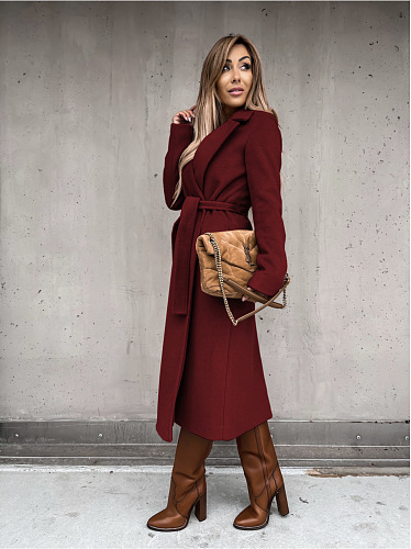 SUPER WHOLESALE | Woollen Long Coat in Wine Red