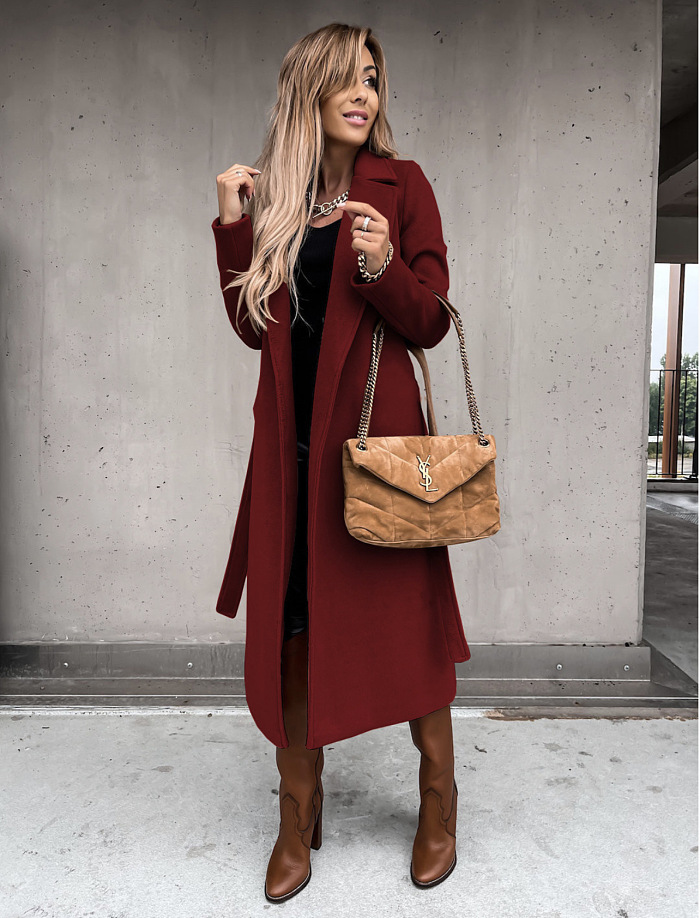 SUPER WHOLESALE | Woollen Long Coat in Wine Red