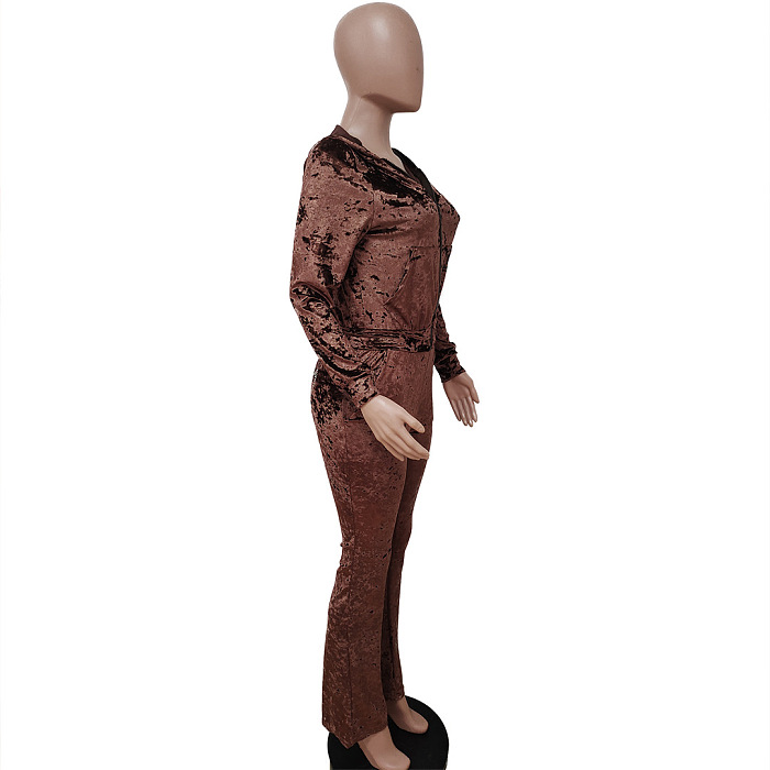 SUPER WHOLESALE | Velvet Rhinestone Letter Casual Set in Brown