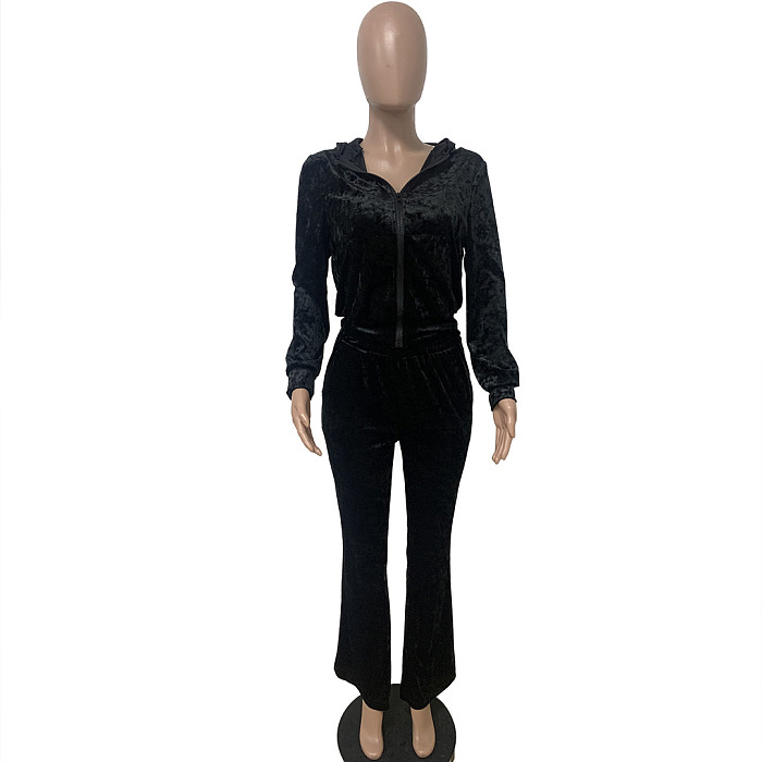 SUPER WHOLESALE | Velvet Rhinestone Letter Casual Set in Black