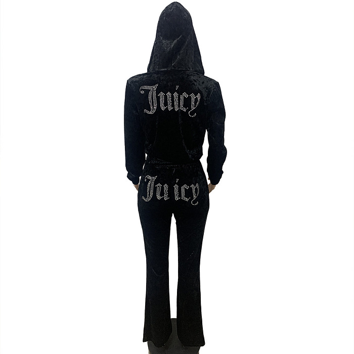 SUPER WHOLESALE | Velvet Rhinestone Letter Casual Set in Black
