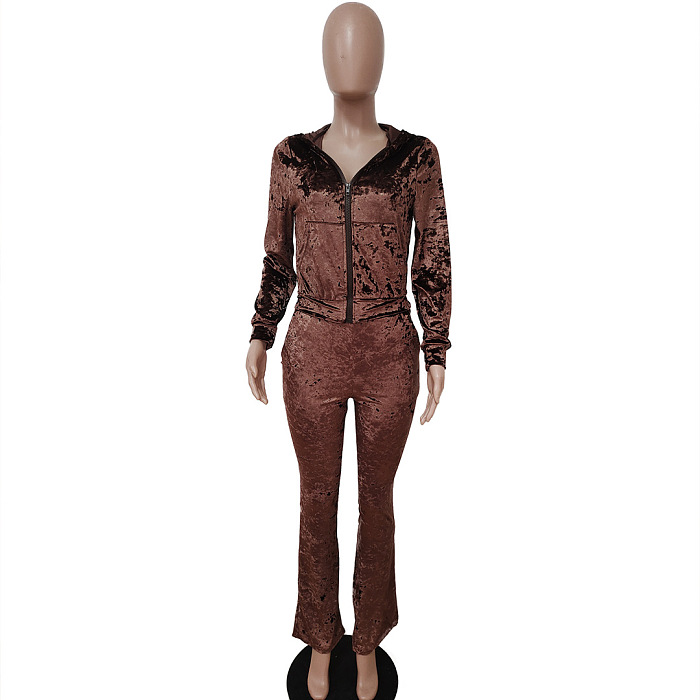 SUPER WHOLESALE | Velvet Rhinestone Letter Casual Set in Brown