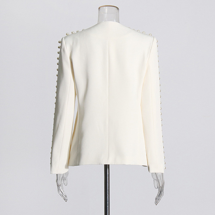 SUPER WHOLESALE | Pearl-Decorated V-Neck Solid Color Blazer