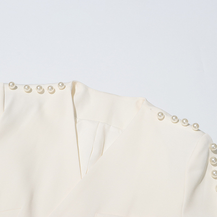 SUPER WHOLESALE | Pearl-Decorated V-Neck Solid Color Blazer