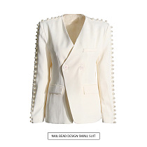 SUPER WHOLESALE | Pearl-Decorated V-Neck Solid Color Blazer