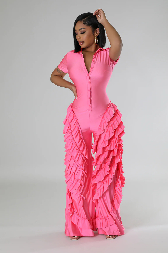 SUPER WHOLESALE | Short Sleeve Jumpsuit with Wave Bottom