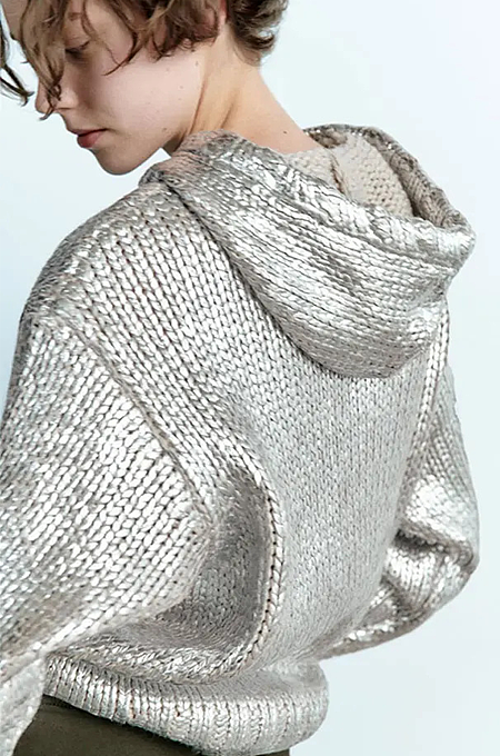 SUPER WHOLESALE |  Metallic Texture Round Neck Hooded Knit Sweatshirt