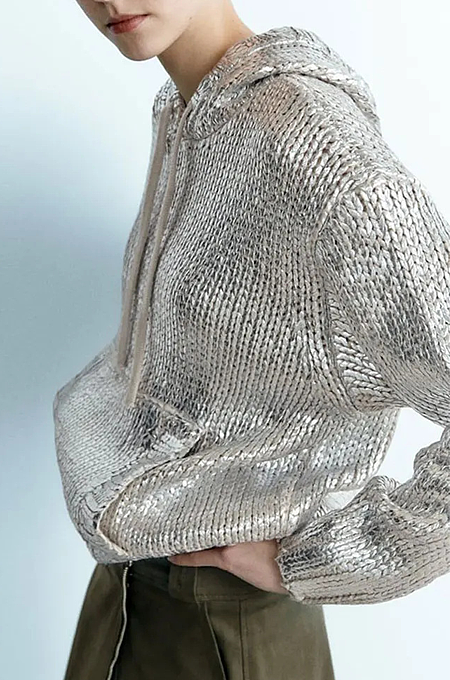 SUPER WHOLESALE |  Metallic Texture Round Neck Hooded Knit Sweatshirt
