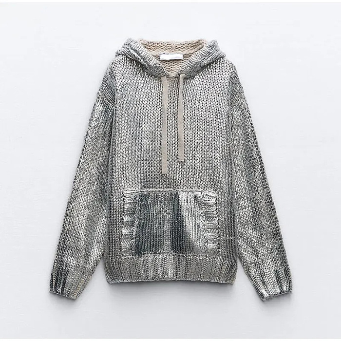 SUPER WHOLESALE |  Metallic Texture Round Neck Hooded Knit Sweatshirt