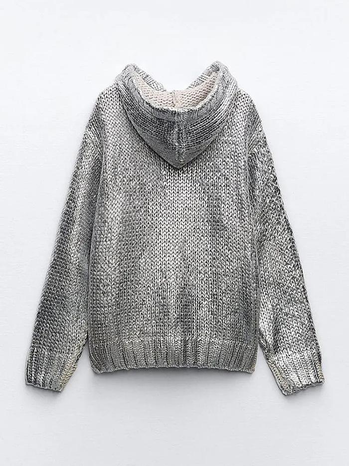 SUPER WHOLESALE |  Metallic Texture Round Neck Hooded Knit Sweatshirt