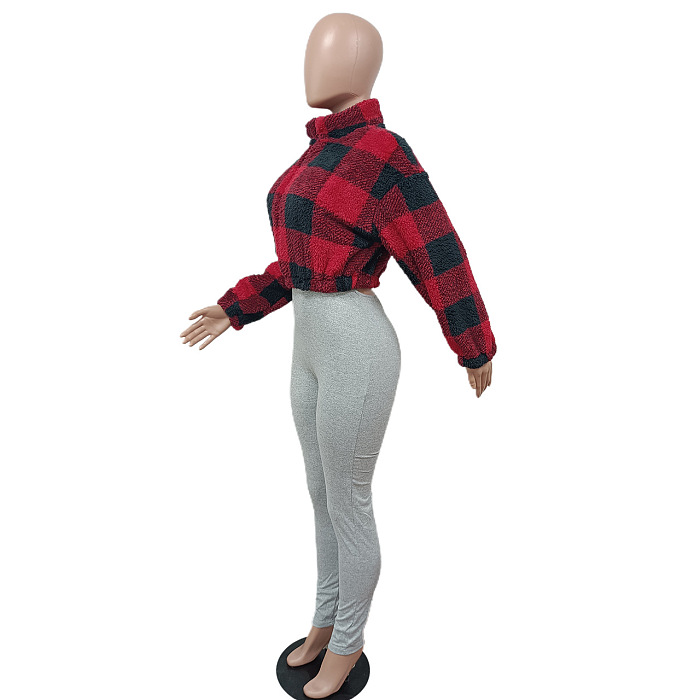 SUPER WHOLESALE | Wool Plaid Zipped Crop Jacket