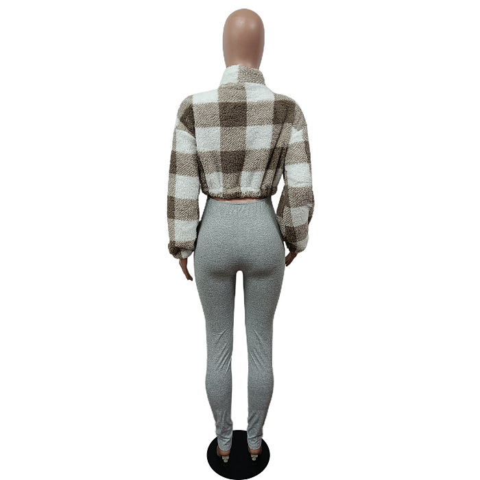 SUPER WHOLESALE | Wool Plaid Zipped Crop Jacket