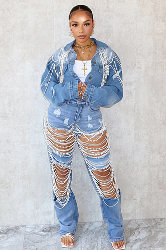 SUPER WHOLESALE | Pearl Chain Denim Jacket