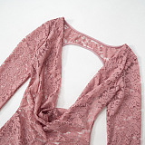 SUPER WHOLESALE | Long sleeve lace hollow out self tie 2 piece mini skirt set