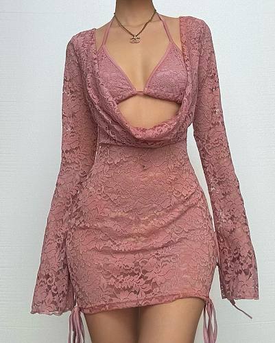 SUPER WHOLESALE | Long sleeve lace hollow out self tie 2 piece mini skirt set