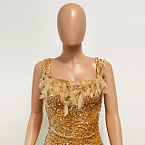 SUPER WHOLESALE | Feather Hem Bling Bling Strapless Dress