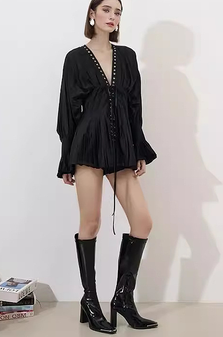 SUPER WHOLESALE | Lace Up Lotus Hem Long Sleeve Dress
