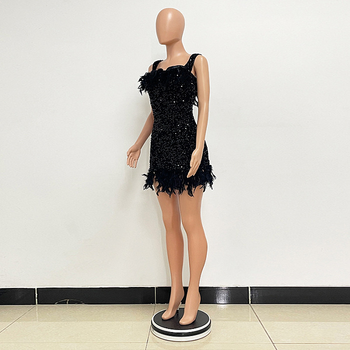SUPER WHOLESALE | Feather Hem Bling Bling Strapless Dress