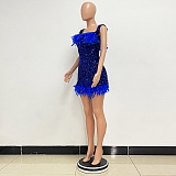 SUPER WHOLESALE | Feather Hem Bling Bling Strapless Dress