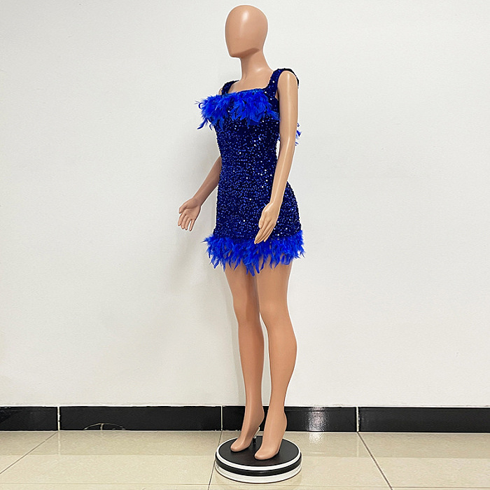 SUPER WHOLESALE | Feather Hem Bling Bling Strapless Dress