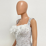 SUPER WHOLESALE | Feather Hem Bling Bling Strapless Dress