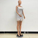 SUPER WHOLESALE | Feather Hem Bling Bling Strapless Dress