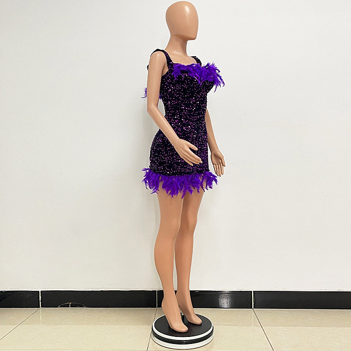 SUPER WHOLESALE | Feather Hem Bling Bling Strapless Dress