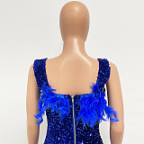 SUPER WHOLESALE | Feather Hem Bling Bling Strapless Dress