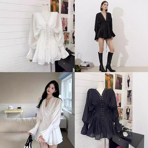 SUPER WHOLESALE | Lace Up Lotus Hem Long Sleeve Dress
