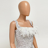 SUPER WHOLESALE | Feather Hem Bling Bling Strapless Dress