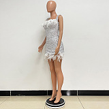 SUPER WHOLESALE | Feather Hem Bling Bling Strapless Dress