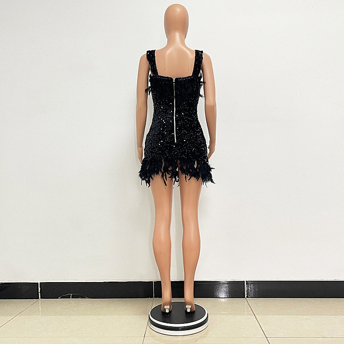SUPER WHOLESALE | Feather Hem Bling Bling Strapless Dress