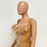 SUPER WHOLESALE | Feather Hem Bling Bling Strapless Dress