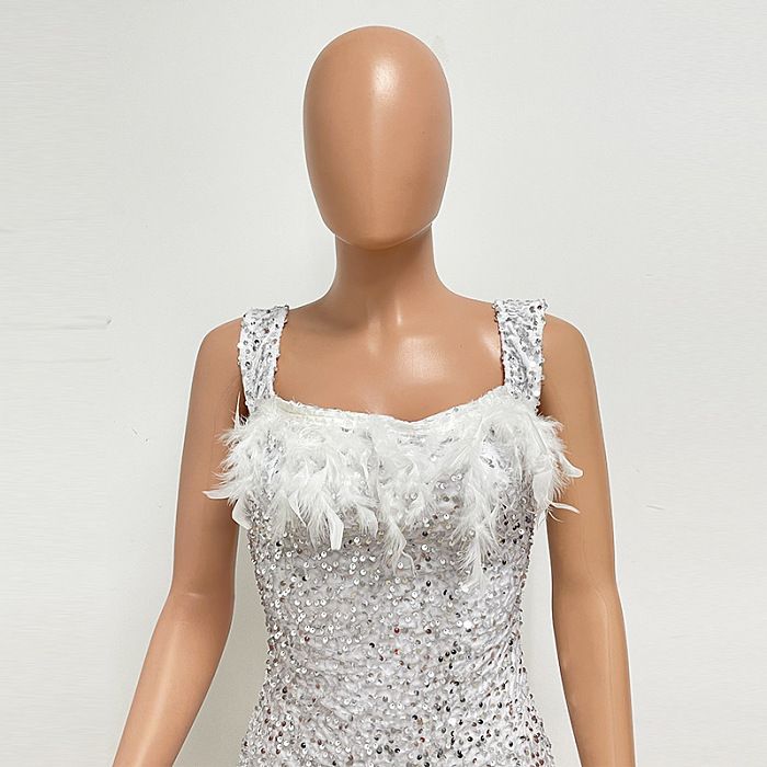 SUPER WHOLESALE | Feather Hem Bling Bling Strapless Dress