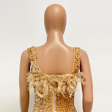 SUPER WHOLESALE | Feather Hem Bling Bling Strapless Dress