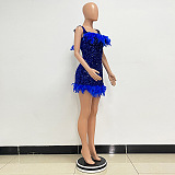 SUPER WHOLESALE | Feather Hem Bling Bling Strapless Dress