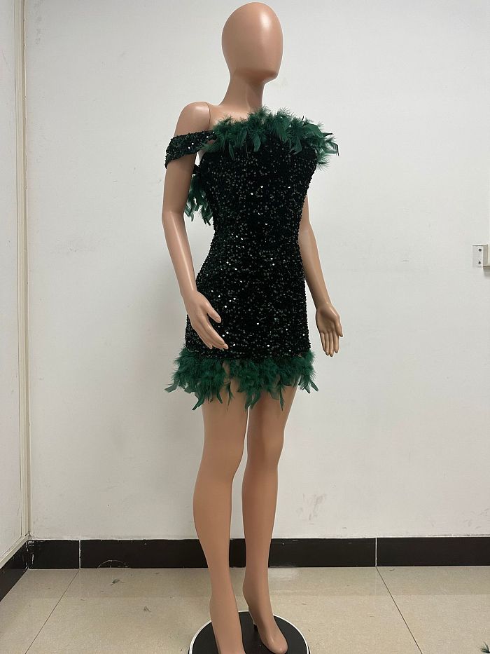 SUPER WHOLESALE | Feather Hem Bling Bling Strapless Dress